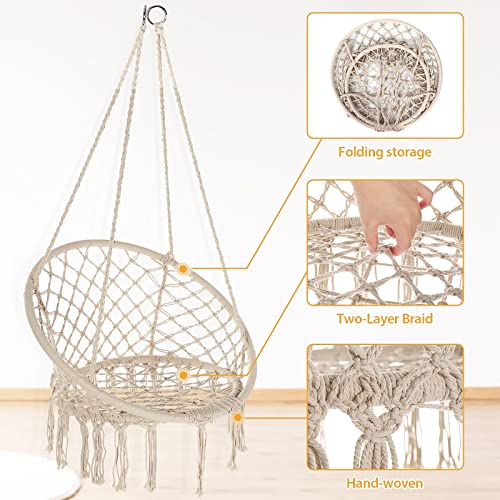 Image of Garpans Hammock Chair Macrame Swing Set of 2 Bohemian Style Hammock Swing Chair with Tassels Hanging Swing Chair Handmade Knitted Cotton Rope for Indoor Outdoor Bedroom Patio Max 330 Lbs Beige