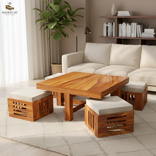 Image of Solid Sheesham Wood Coffee Table for Living Room | Wooden Square Coffee /Tea Table with 4 Cushioned Stools |Center table with Storage Teapoye for Home, Living Room, Balcony, Natural Finish