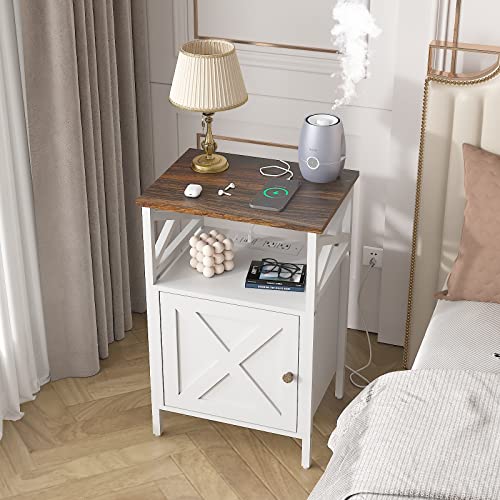 Ldttcuk Side Table With Charging Station, End Table With Power Outlet & Usb Ports, Nightstand With 2 Tiers Storage Space And Storage Cabinet, Sofa Side Tables For Bedroom, Living Room,Office,White #TOP3