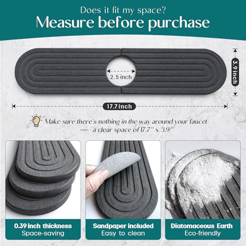 Image of Dreatim Kitchen Faucet Absorbent Mat - Diatomite Stone Sink Tray, Quick Drying, Modern Design - Durable Faucet Drip Mat for Kitchen Sink and Bathroom Counter [17.7 inch x 3.9 inch, Dark Grey]