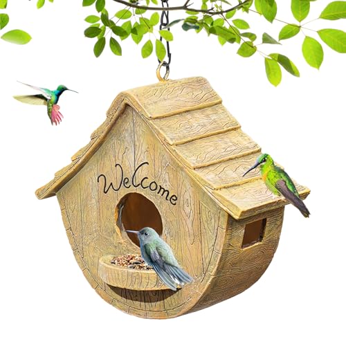SHUONIVS Garden Bird House for Outside, Hanging Resin Birdhouse Hummingbird House for Blue Bird Sparrow Chickadee, Unique Outdoors Decorative Bird Box for Country Garden Courtyard (Yellow, Small)