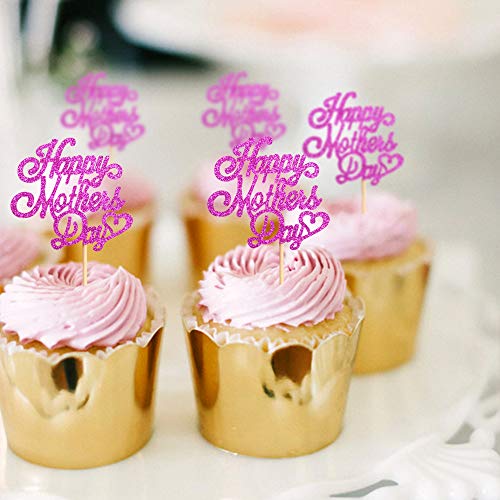 Blumomon 24Pcs Red Glitter Happy Mothers Day Cupcake Toppers Mothers Day Cake Decoration Mother Cake Toppers for Mother's Day Party Cake Decorations - Image 4