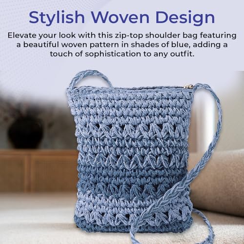 SAGEFINDS Blue Straw Handbag for Women, Woven Crossbody Purse for Summer and Beach, Shoulder Bag with Top Zip Closure, 8 ½” x 9 ½”3