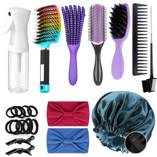12Pcs Detangling Brush Set for Curly Hair, Curly Hair Brush with Sleep Bonnet Afro America/African 3a to 4c Texture, Easier and Faster on Wash Days