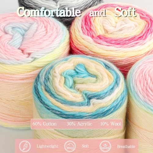 Image of Katech Ombre Yarn for Crocheting-Gradient Cake Yarn-4x100g 60% Cotton 30% Acrylic 11% Wool-Multicolor Soft Rainbow Cotton Crochet Yarn for Scarves, Shawls, Blankets and Garments(P)