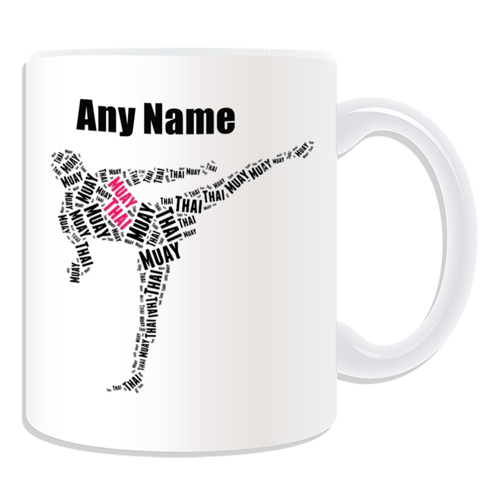 Personalised Gift - Muay Thai Boxing Kick Symbol Mug (Martial Arts Design Theme, White) - Any Name/Message on Your Unique - Kung Fu Thailand Indochinese Kickboxing Black