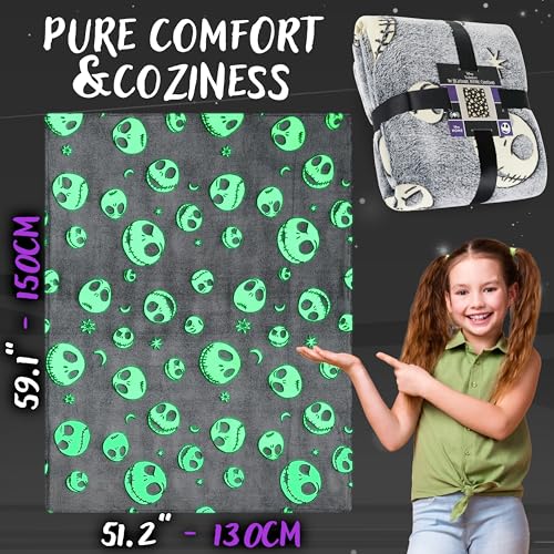 Image of Disney The Nightmare Before Christmas Glow in the Dark Throw Blanket 51x59 inch for Kids Teens Adults, Soft Fleece Throw Blanket Sofa Bed, Gifts for Kids (Grey TNBC)