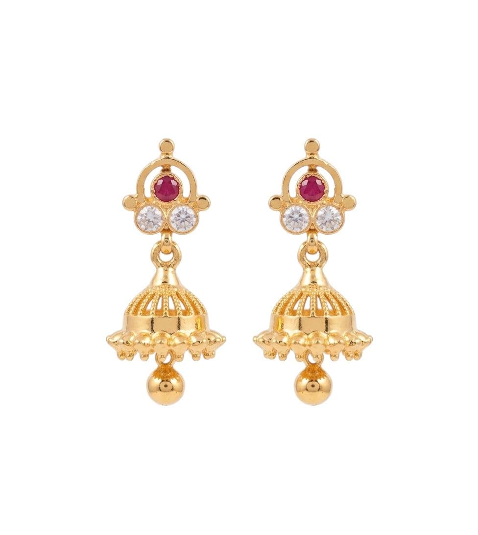 Traditional Impon/Panchaloha/Five Metals Gold Plated Ruby and White Stone Big Jhumka Earrings for Girls and Women | Ethnic Fashion Jewellery (P516)-picture-11