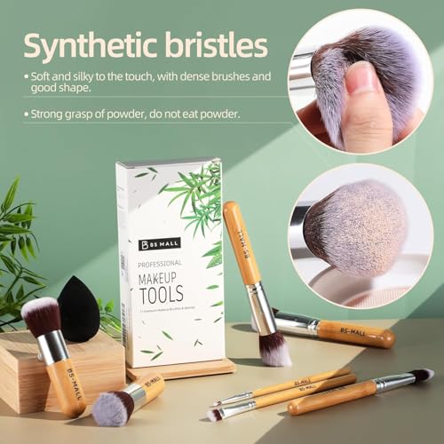BS-MALL Makeup Brush Set 11Pcs Bamboo Synthetic Kabuki Brush Set Foundation Powder Blending Concealer Eye shadows Blush Cosmetics Brushes with Travel Organizer Bag & Makeup Sponge (Bamboo 11)