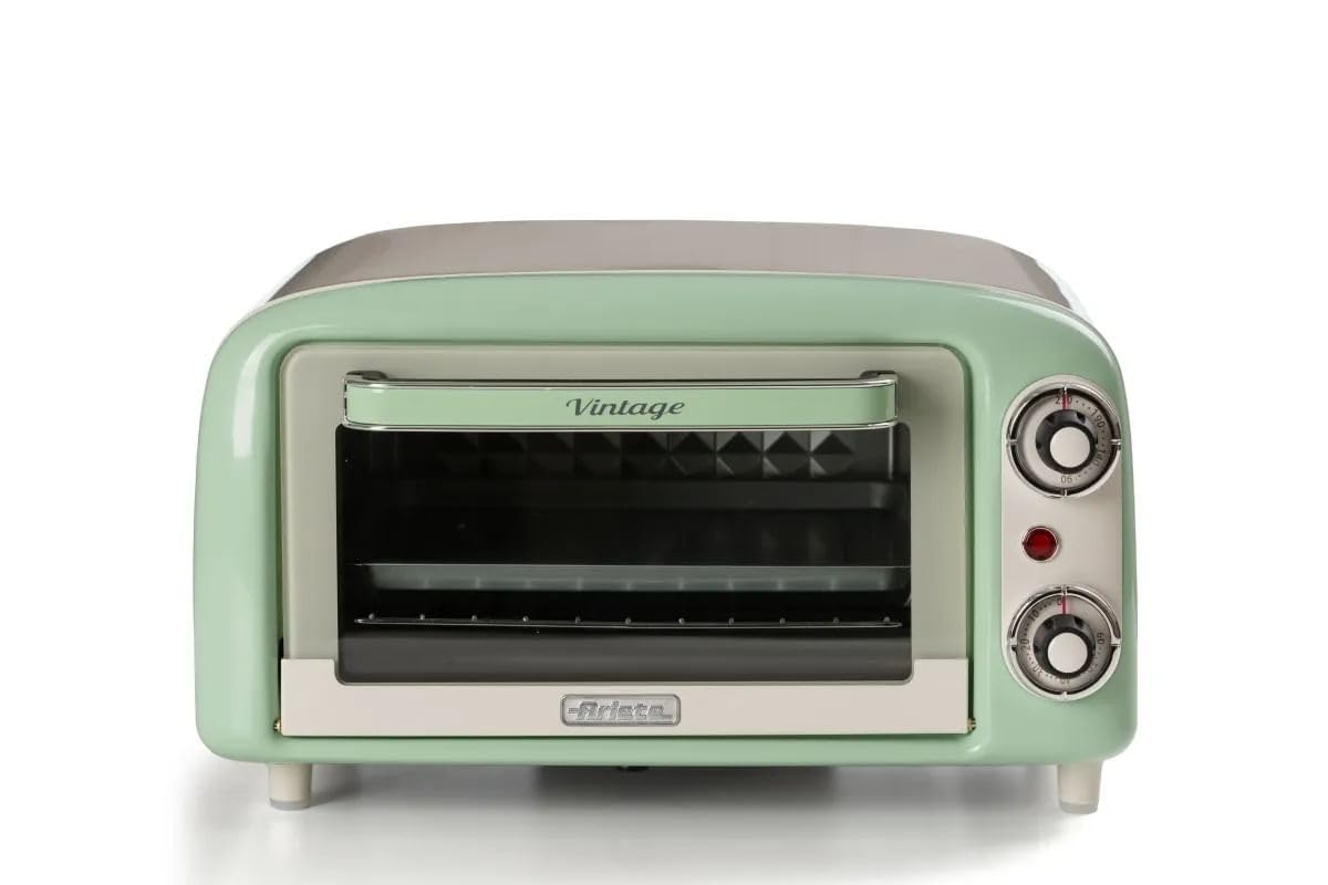Ariete 3919 Four Électrique Vintage, Capacité 10L, Pour Cuire ou Réchauffer des Aliments, Température jusqu'à 230°, Minuterie 60 minutes, Grille en acier inoxydable, 800W, Double Verre, Vert