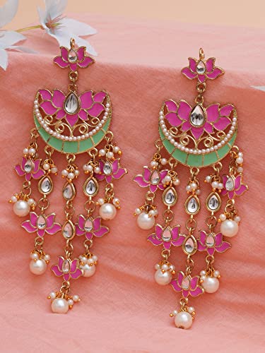 Karatcart Gold Plated Pink Meena Lotus Design Kundan Dangler Earrings for Women - Image 4