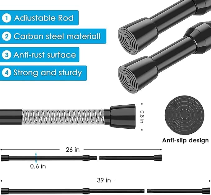 Image of MEXAU 6Pack Spring Tension Curtain Rod 26-39 inch Black Small Tension Rod | Adjustable Curtain Rods No Dilling Extendable Spring Tension Rod Short Curtain Rod for Windows, Kitchen, Bookshelf, Closet