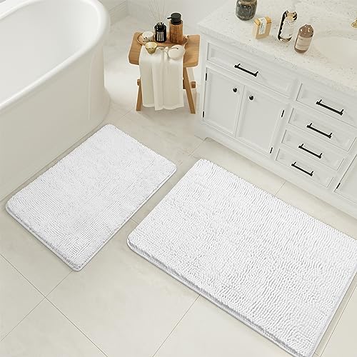 LOCHAS Bathroom Rugs Sets 2 Piece 17 x 24 Plus 20 x 32 Inches Thick Non Slip Bath Rug Set Absorbent Soft Chenille Bath Rug Machine Washable Quick Dry Bath Mat for Bathroom Floor White