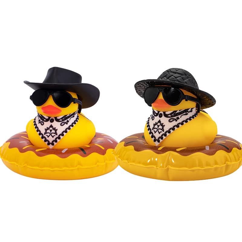 wonuu Car Rubber Duck Decoration, West Cowboy Duck Car Dashboard Decoration Accessories with Mini Swim Ring Cowboy Hat Scarf and Sunglasses, A_Black Straw and Cowboy hat