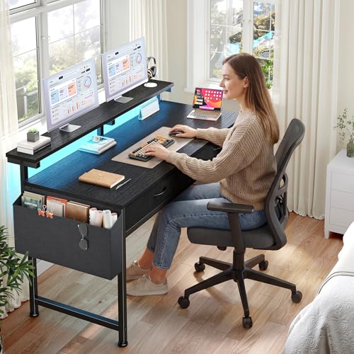Image of DurayLoly 47.3Inch Gaming Desk with LED Lights with 2 Drawers, Home Office Desk Computer Desk with Side Pocket & Ergonomic Monitor Stand, Small Space Study Writing Table with Anti-Tip Design,Black