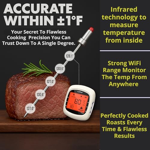 NutriChef Bluetooth Meat Thermometer for Grilling and Smoking, up to 6 Temperature Probes and Smart APP, 400 Ft Range, LCD