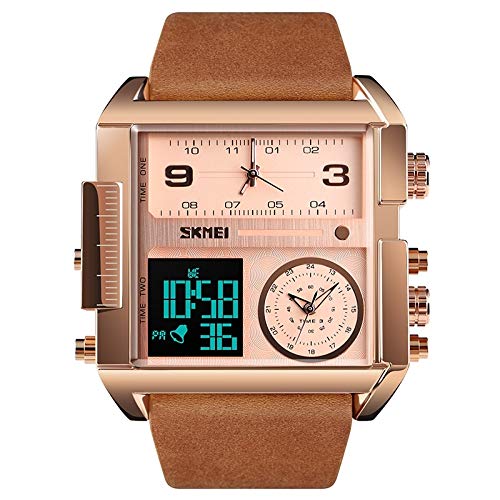 Montre numérique d'hommes LULI 1391 multifonctionnelle avec bracelet en cuir marron