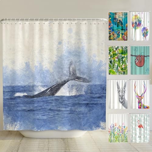 arteneur® - Wal Fisch - Anti-Schimmel Duschvorhang 200x220 - Recycelt mit Öko-Tex Standard 100 - Beschwerter Saum, Blickdicht, Wasserdicht, Waschbar, 12 Ringe & E-Book