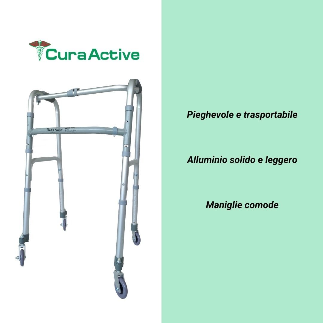 CURA FARMA Cura Walk - Deambulatore per Anziani 4 Ruote Girevoli Valido per Pazienti di Ogni Età con Appoggi Ergonomici Deambulatore Pieghevole e Altezza Regolabile 82-100 cm Supporto e Riabilitazione