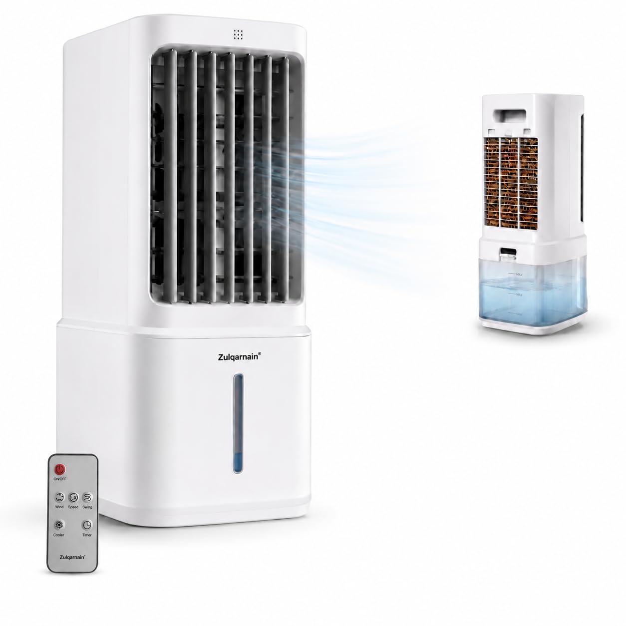 A2Z Portable White Air Cooler with Remote Control 3 Speed Settings 80W Easy to Move with Wheels 12 Hour Timer Humidifier and Air Purifier Ice Cooling Fan with Oscillation and 2 Ice Boxes