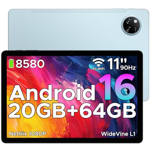 DOOGEE Tab A9+ Android 16 Tablet 11 Pulgadas, Tablet Baratas y Buenas 8580mAh, Tableta Infantil 20GB RAM+ 64GB ROM (TF 2TB), Cámara Principal 13MP, FM/Face ID/WidevineL1/OTG/GPS/Jack 3.5mm, Azul
