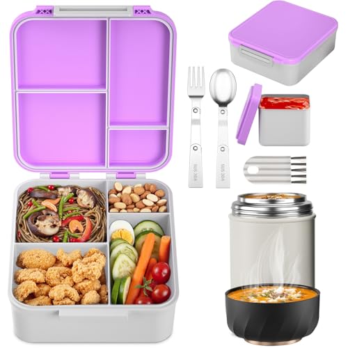 Geltais Bento Lunch Box Set with 17oz Soup Thermo, Lunch Box for Kids with Folding Fork & Spoon, Leakproof Lunch Food Containers with 4 Compartment...