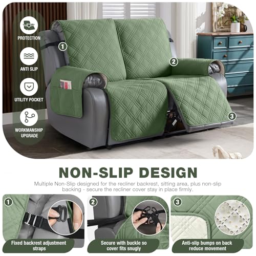 Image of TAOCOCO 100% Waterproof Loveseat Recliner Covers 2 Seater, Split Loveseat Covers for Reclining loveseat, Non Slip Reclining Couch Cover with Double Straps for Kids, Pets(2 Seater, Bean Green)