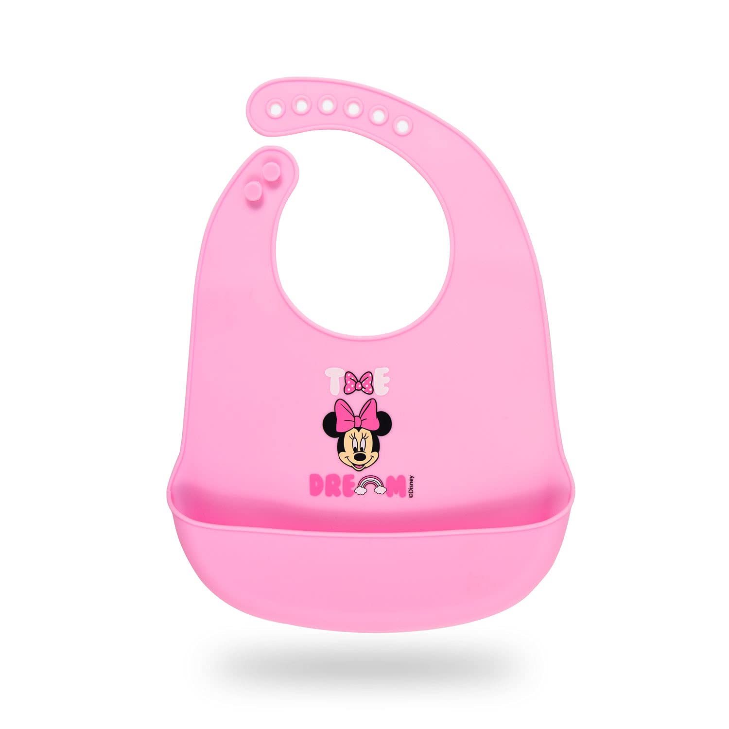 Minnie Mouse Silicone Baby Bibs Super Soft, Easy Clean, Wide Food Catcher and Leak proof 6 Adjustable Sizes, Durable Silicone Bib for Baby Girls. Age: 6 24 months, Pink