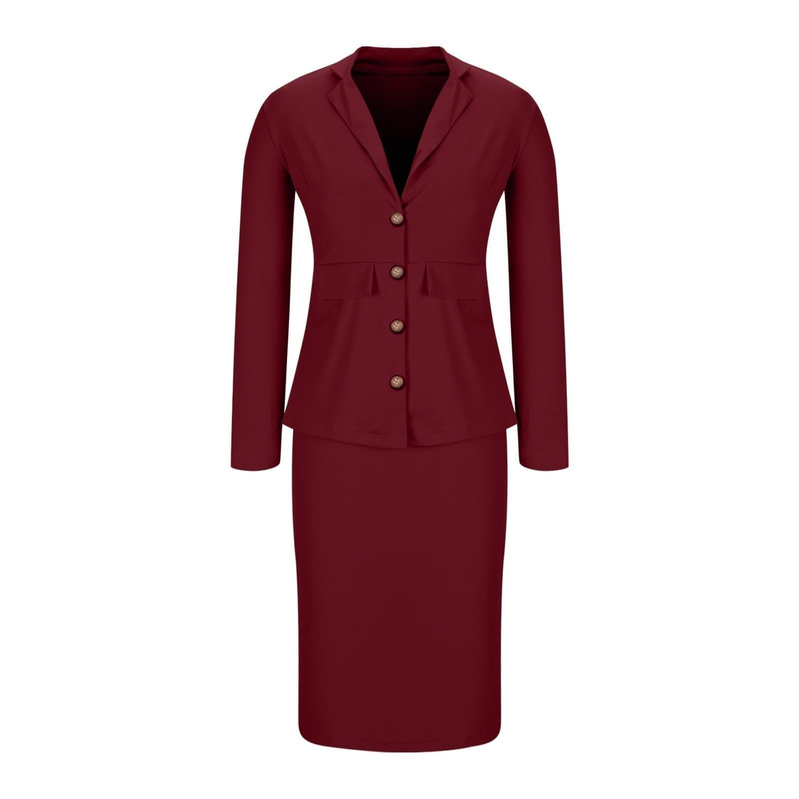 Sommerliches Damen Skirt Suit Set mit Langen Ärmeln einfarbigem Fallrevers knielangem Rock für Büro Freizeit sowie Urlaub klassischer -Stil vielseitig kombinierbar ideal für alle Jahreszeiten