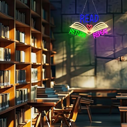 Image of Retisee 15.8 x 10 Inches Read Neon Sign Read Return Repeat Book USB Dimmable Neon LED Sign for School Library Reading Corner Classroom Wall Decor, Study Room Gifts Art for Book Lover