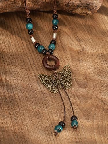 MINACHI Hippie Boho Colorful Ceramic Bead Butterfly Charm Pendant Y Necklace, Vintage Bohemian Statement Jewelry Gift for Women3