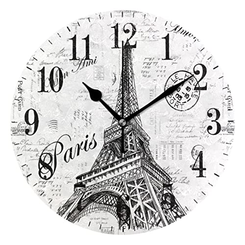 xigua Paris Eiffel Tower Wall Clock, Silent Non Ticking 10 Inch Battery Operated Wall Clocks, Easy to Read Clock for Home Kitchen Living Room Bathroom Office Decor
