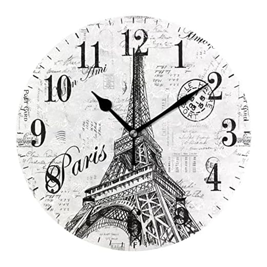 xigua Paris Eiffel Tower Wall Clock, Silent Non Ticking 10 Inch Battery Operated Wall Clocks, Easy to Read Clock for Home Kitchen Living Room Bathroom Office Decor
