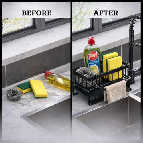 Image of Metal Sponge Holder for Kitchen Sink - Auto-Draining Sink Organizer Caddy with Soap Tray, Dish Brush & Towel-Bar Holder, Kitchen Storage Rack (MATTE BLACK)