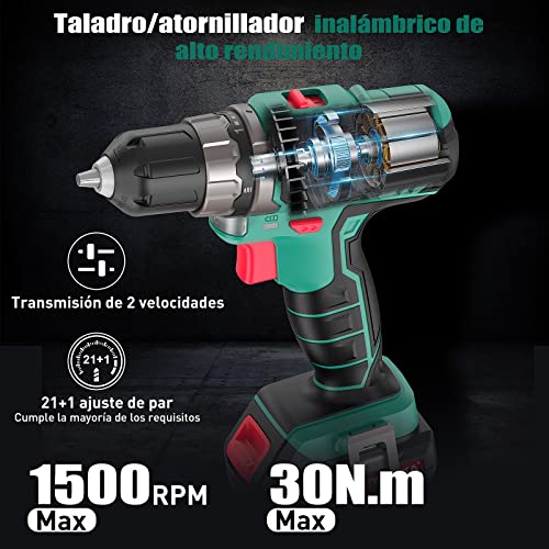 Taladro Atornillador 12V, HYCHIKA 104pcs Taladro Bateria Kit Herramientas Bricolaje, 1,5Ah destornillador electrico, 30N.m Par Máx, 1 Hora de Carga Rápida, Caja Herramientas Completa - imagen 2