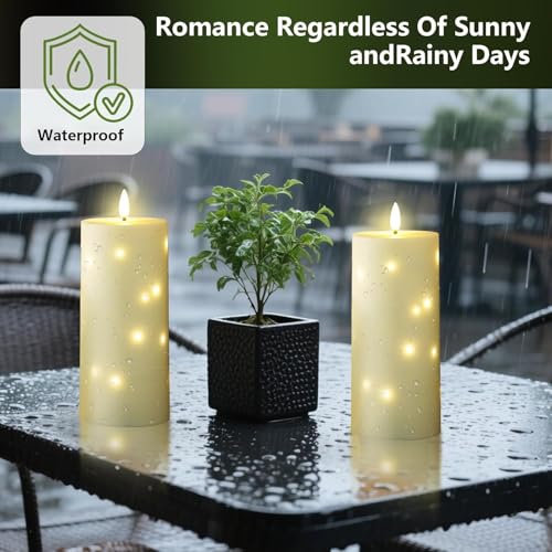 Image of YOROXRG 4 inch x 10 inch Large Outdoor Waterproof Flickering Flameless Candles with Timer,2Pcs Battery Operated LED Pillar Candles with Embedded Star String for Outdoor Lanterns,Porch,Patio Decor(Ivory)