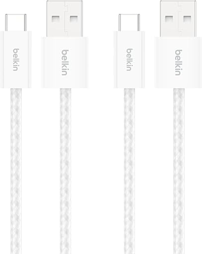Belkin USB A to USB C 15W Braided Cable 2 Pack, 3.3ft iPhone Charger Cord | iPhone 15/16/17, Samsung Galaxy S26, Pixel 10, Airpods, iPad, Nintendo Switch 2, Steam Deck, Travel, Carplay, Car Charger