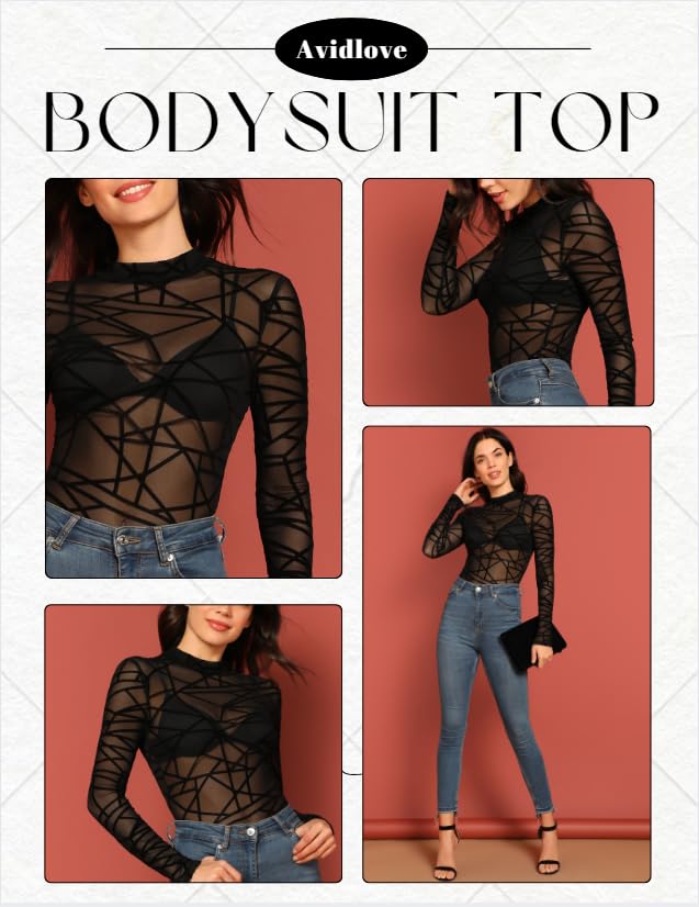 Image of Avidlove Womens Mesh Long Sleeve Bodysuit Round Neck Sheer Leotards Geo Print Bodysuit Top with Snap Crotch
