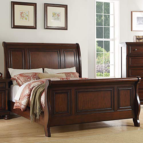 simple relax Pine Wood Queen Sleigh Bed, Cherry Brown