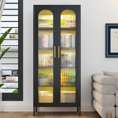 Image of 71 inch Tall Glass Cabinet, Display Case with Glass Doors and Lights, Metal Storage Cabinets, Hutch Cabinet with Adjustable Shelves, Storage Cabinets for Dining Room, Living Room,Kitchen, Black
