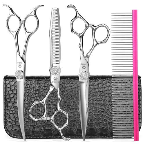 Image of GLADOG Luxury Dog Grooming Scissors Set - 7 inch Straight, 6.5 inch Thinning, 7 inch Curved Dog Shears for Grooming - 9CR Steel, Professional Grooming Kit for Dogs
