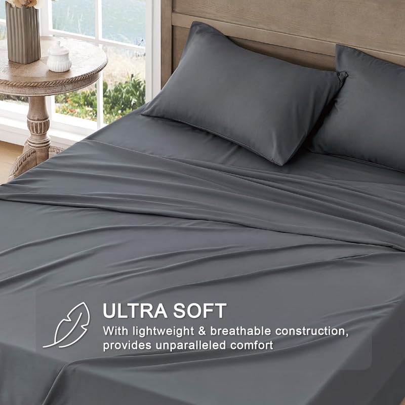Image of FreshCulture Twin Bed Sheets - Ultra Soft Sheets for Twin Bed - Brushed Microfiber - Deep Pockets - Easy Care - Cooling & Breathable Sheets - Hotel Quality 3 Piece Sheet Set (Dark Grey)