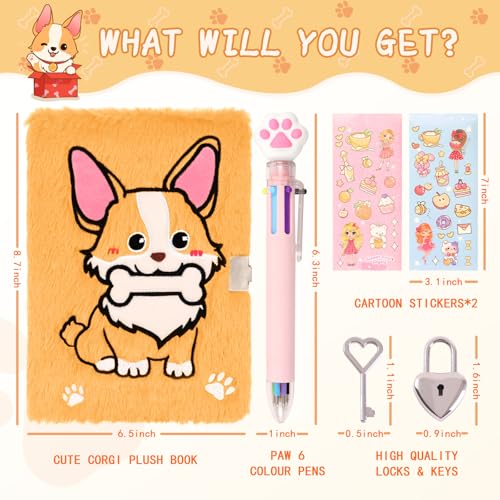 Image of Corgi Diary with Lock,Fluffy Dog Diary for 6 7 8 Year Old Girl,Kids Journal Notebook Gift Set with Multicolored Pen,Plush Secret Diary Lined 160 Pages,Christmas Birthday Gift Set for Kids