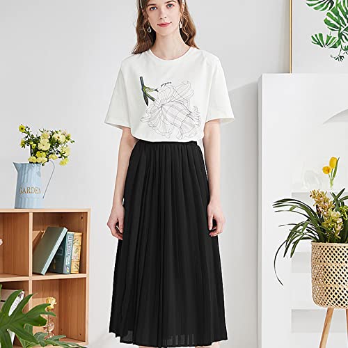 Basoteeuo BASOTEEUO-SKIRTS-LE-BLACK-M Black Pleated Skirt For Women Midi Length Summer High Waisted A Line Elastic Waist Skirts M thumb #2
