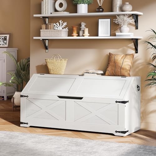 DWVO Storage Bench, Wood Storage Chest with 4 Wheels, 39.4'' Retro Shoe Bench with Safety Hinge, Sloped Design, Utility Organizer for Entryway, Bedroom, Living Room, White