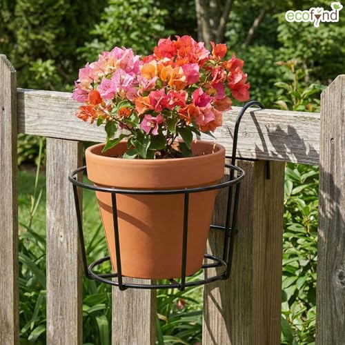 Image of ecofynd 5 Pack Round Metal Hanging Flower Pot Stand For Railing planters, Gamla stand Pot Holder for Balcony decoration items outdoor, Plant stands for balcony, Flower pot stand indoor (Black, PS028)