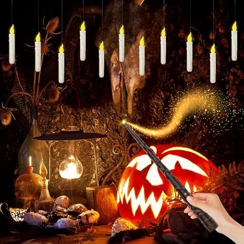 Halloween Decorations, Floating Candles with Magic Wand, 12Pcs Flameless Candles Battery Operated LED Candlesticks with Flickering Warm Lights for Halloween Decor Indoor and Outdoor Party Cover