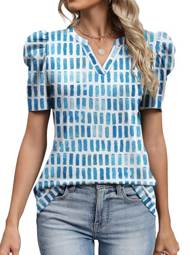 Image of LOMON Spring Summer Tops for Women 2026 V Neck Puff Short Sleeve Tops Fashion Trendy Work Blouses Dressy Casual S-XXL