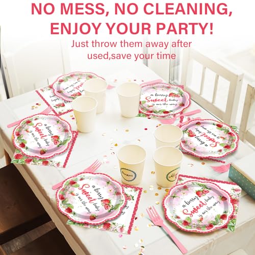 Image of Qyeahkj 100 Pcs Strawberry Baby Shower Party Plates Napkins Forks Supplies Set Sweet Berry Tableware Party Supplies A Berry Sweet Baby Is On The Way Strawberry Dinnerware Decorations Favors Serve 25