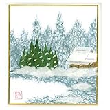 完成品 ちぎり絵 小色紙 冬景色 スタンド付 石川紙業ミニ色紙 寸松庵 冬 雪景色